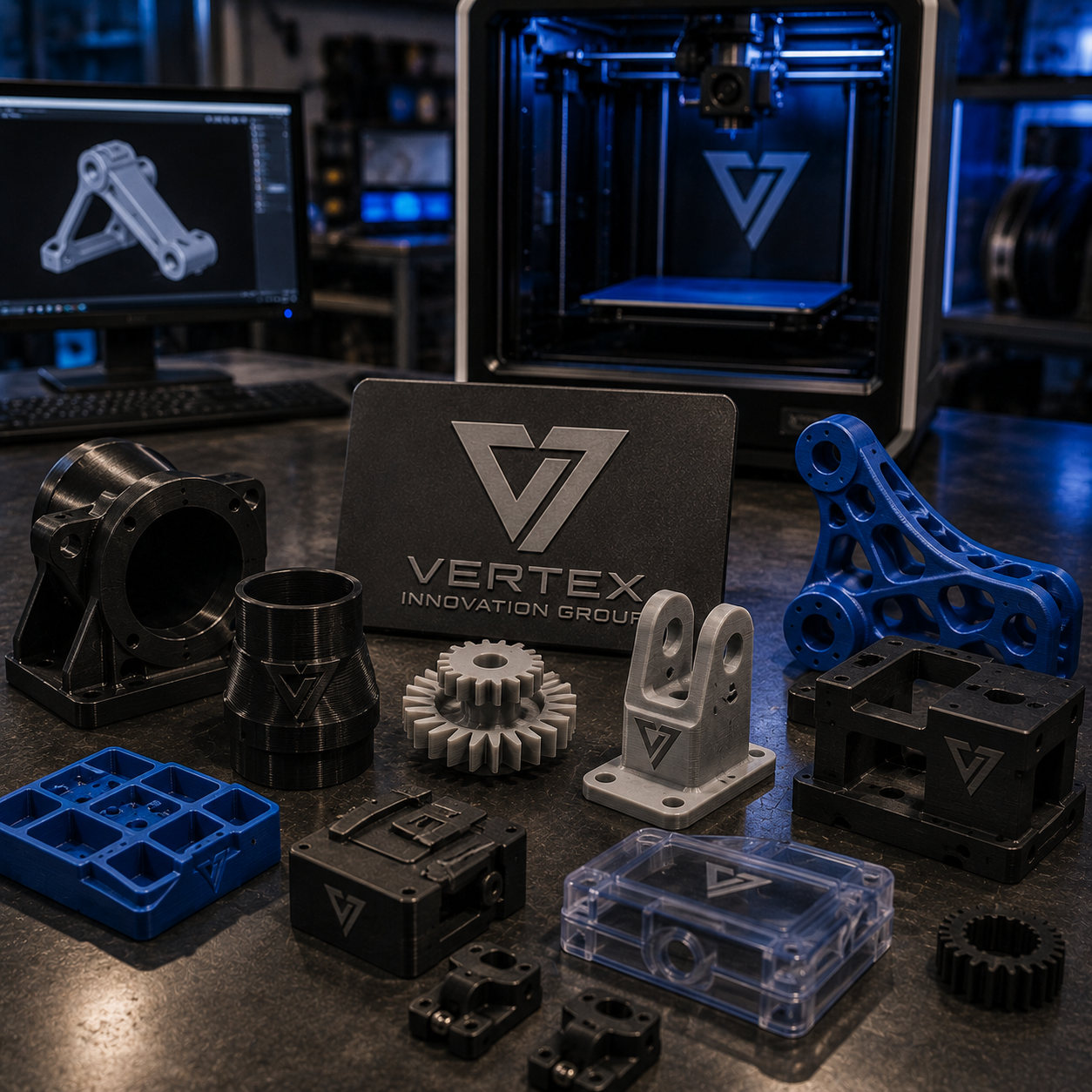 3D printed components and printer with Vertex Innovation Group branding on a dark surface.