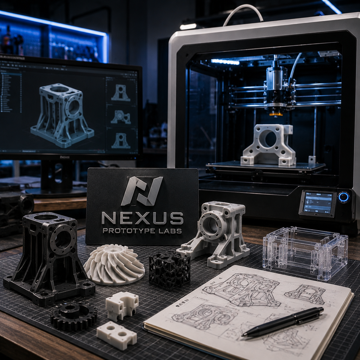 3D printing setup with Nexus Prototype Labs printer and models on a desk.