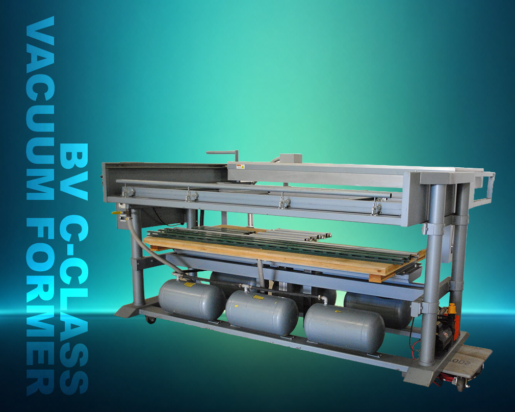 Vacuum former machine with 'BV C-Class Vacuum Former' text on a teal background