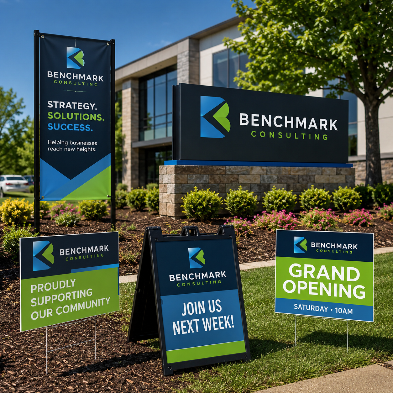Benchmark Consulting signs in front of a building with a clear blue sky.