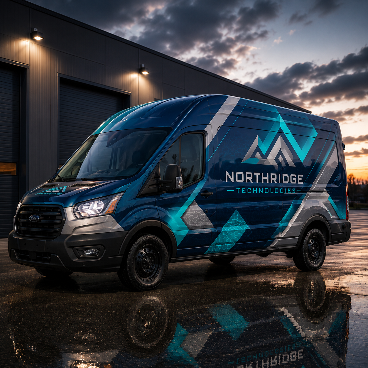 Blue van with 'Northridge Technologies' branding parked in front of a building with a sunset sky.