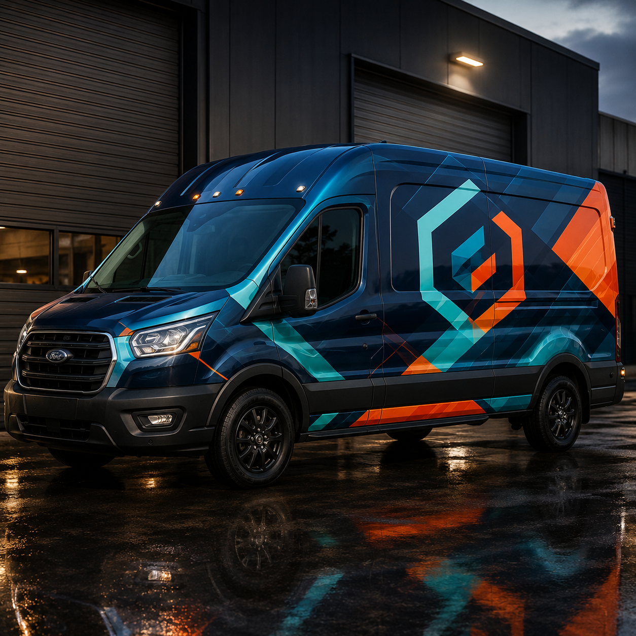 Blue van with geometric design parked in front of a building