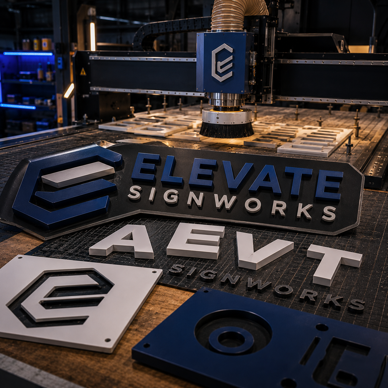 CNC machine in operation with 'Elevate Signworks' branding on a workshop background.