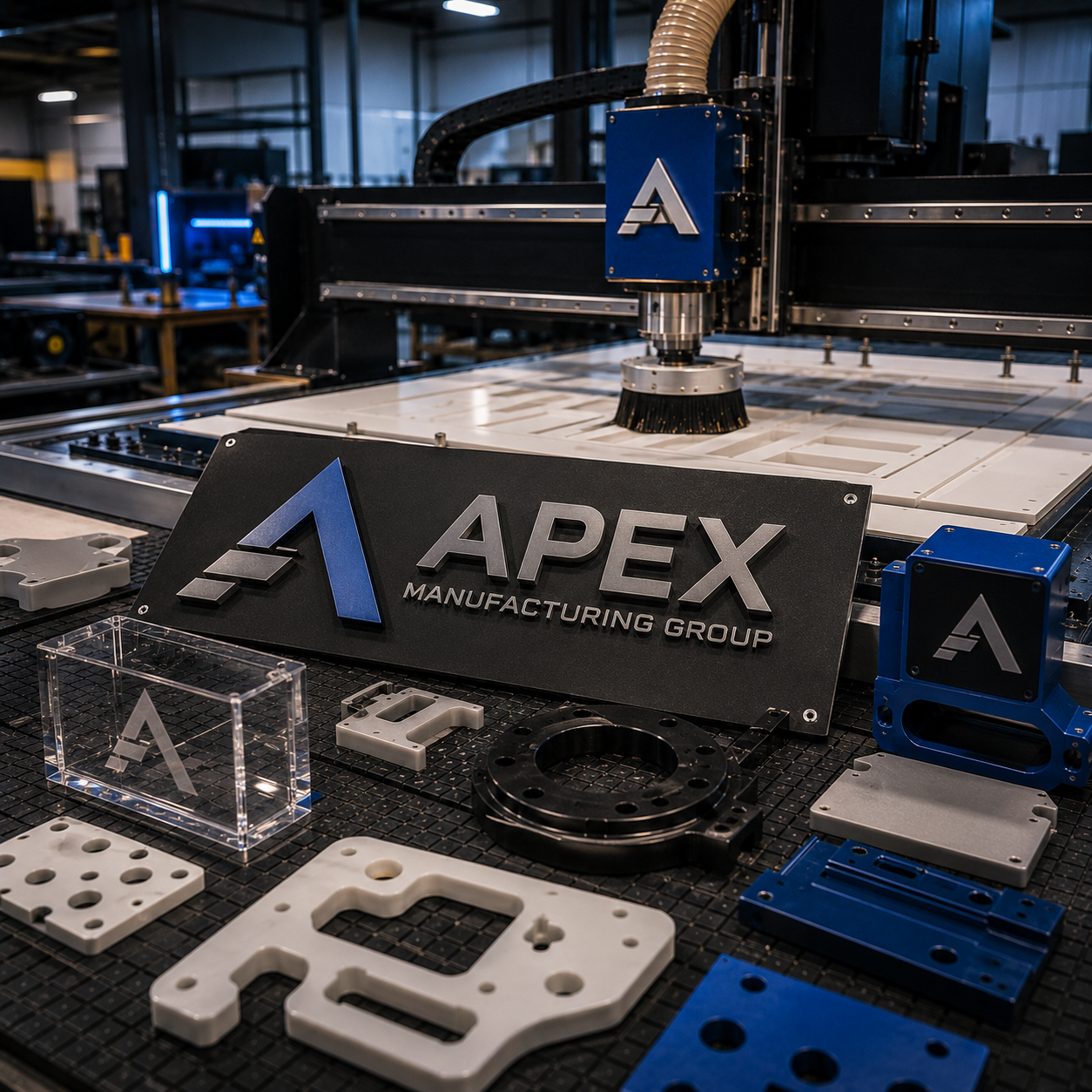 CNC machine with Apex Manufacturing Group branding in a workshop setting