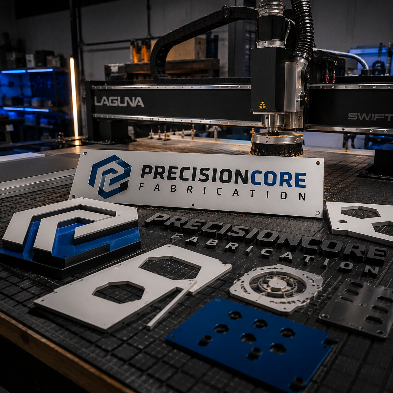 CNC machine with 'Precision Core Fabrication' branding on a workbench with fabricated parts.