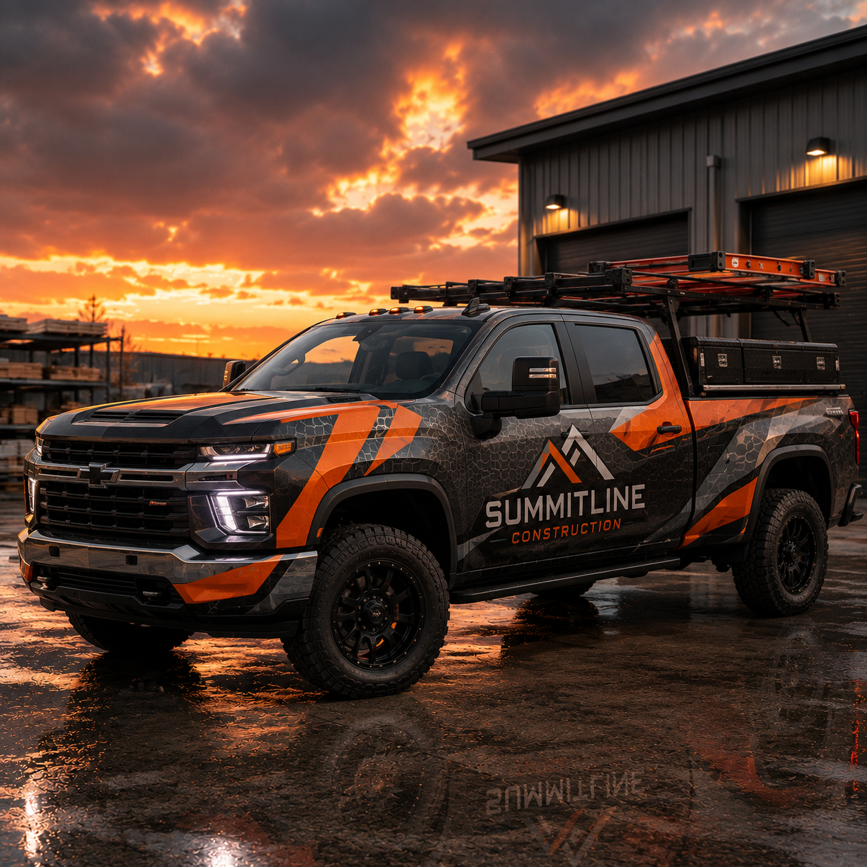 Chevy Silverado truck with Summitline Construction branding at sunset.