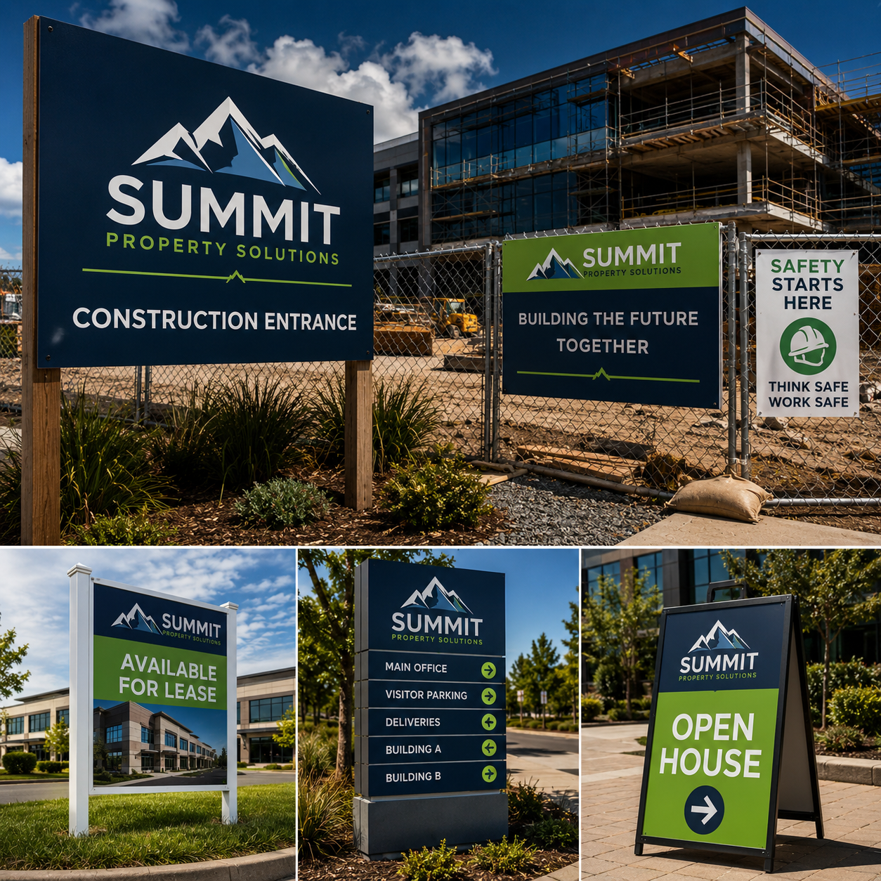 Collage of Summit Property Solutions signs at various locations with construction site and office building in the background.