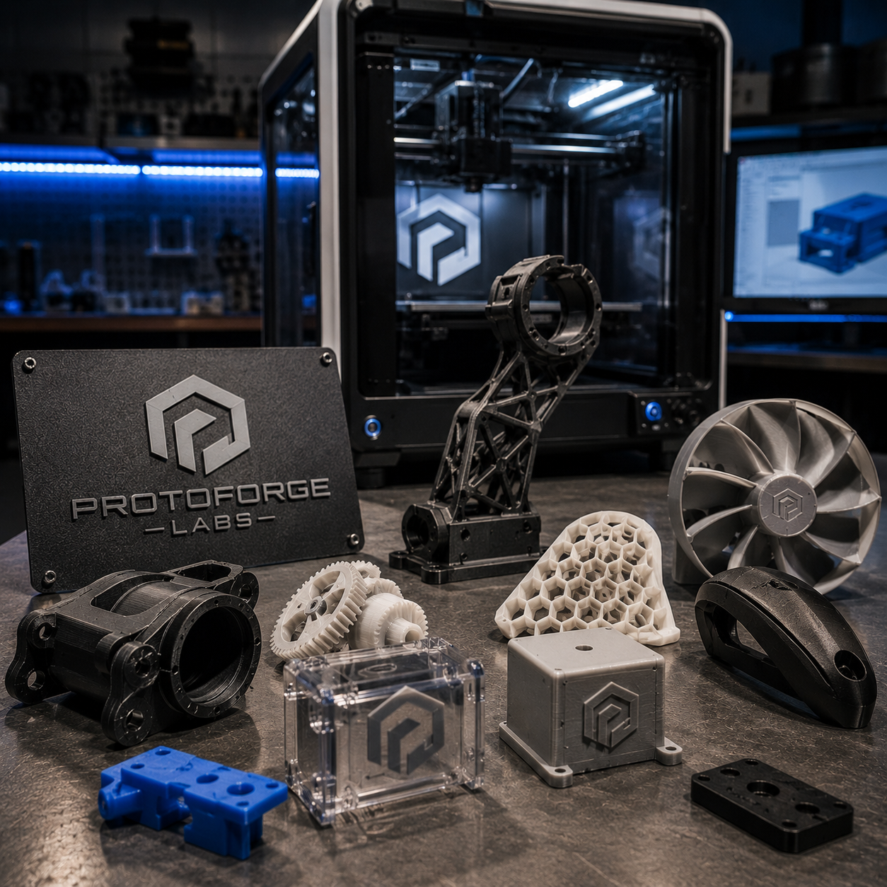 Collection of 3D printed objects on a table with Protoforge Labs branding.