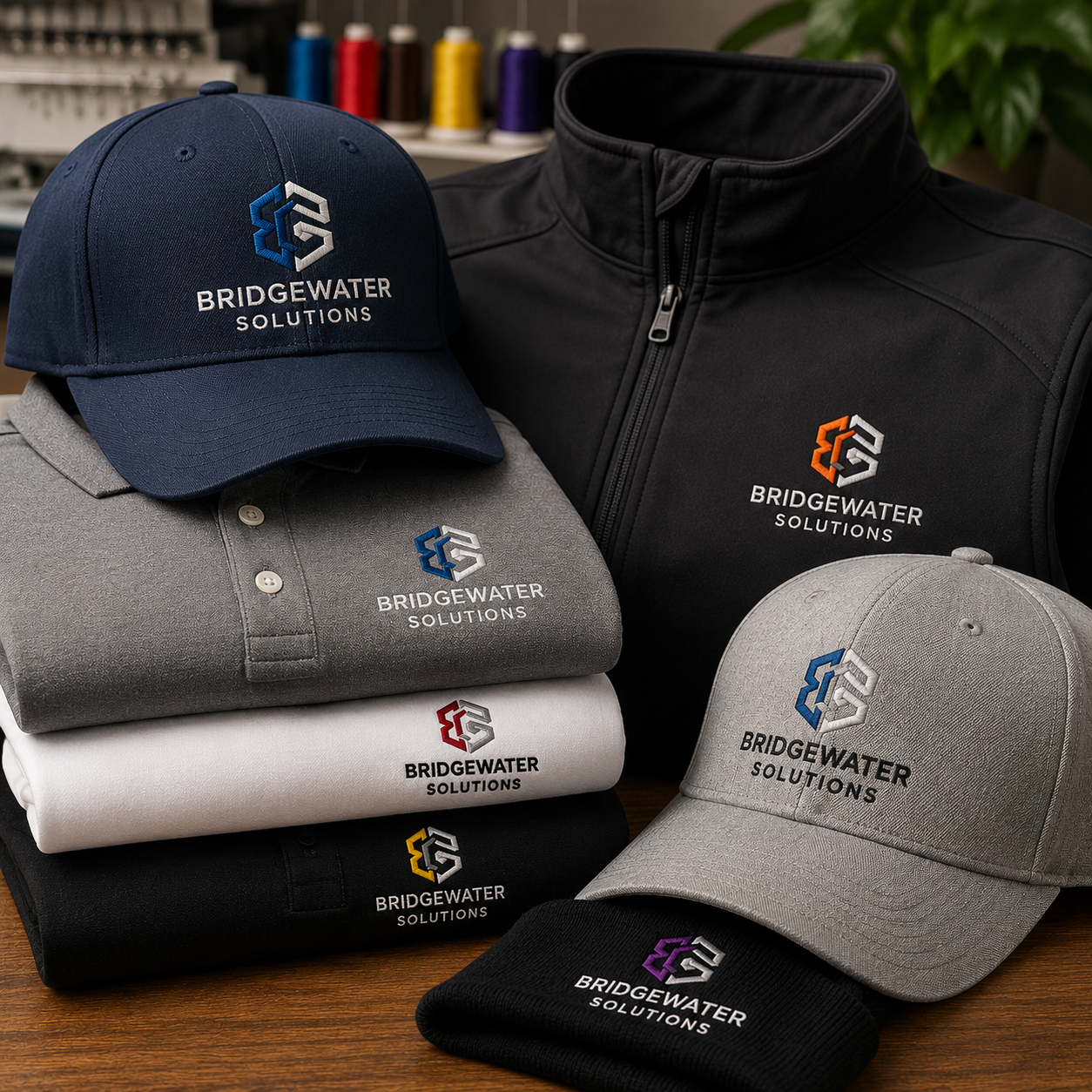 Collection of Bridgewater Solutions branded clothing including hats, shirts, and jackets on a wooden surface.