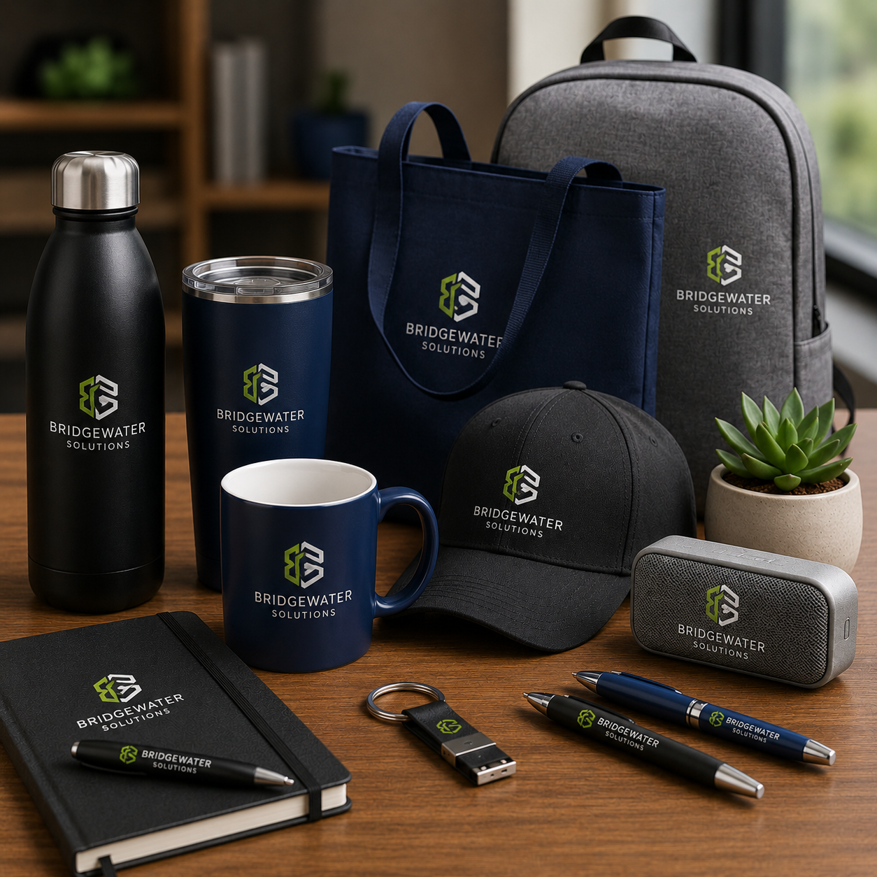Collection of Bridgewater Solutions branded items including a water bottle, tumbler, mug, backpack, hat, notebook, keychain, USB drive, and pens on a wooden surface.