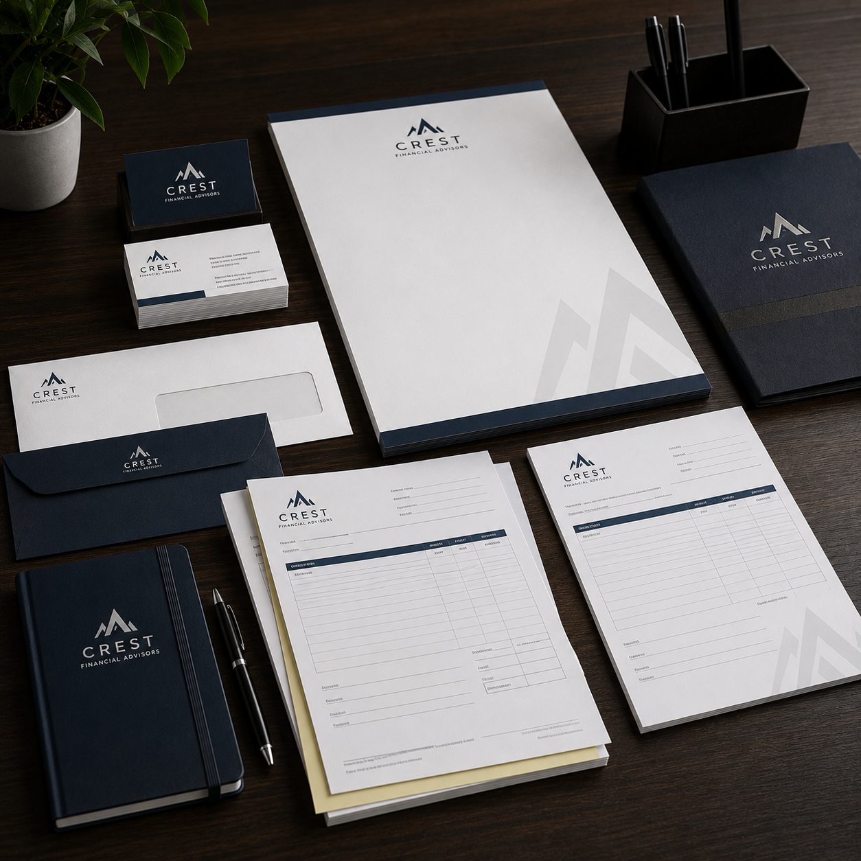 Collection of Crest brand stationery items on a wooden surface
