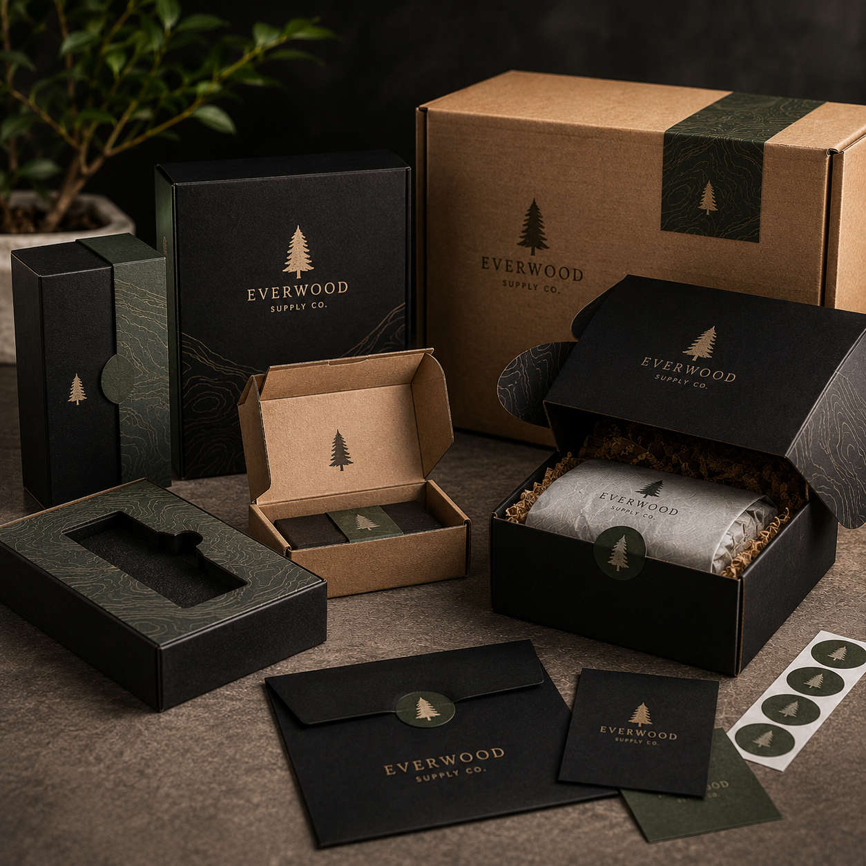Collection of Everwood Supply Co. packaging on a dark surface with a plant in the background.