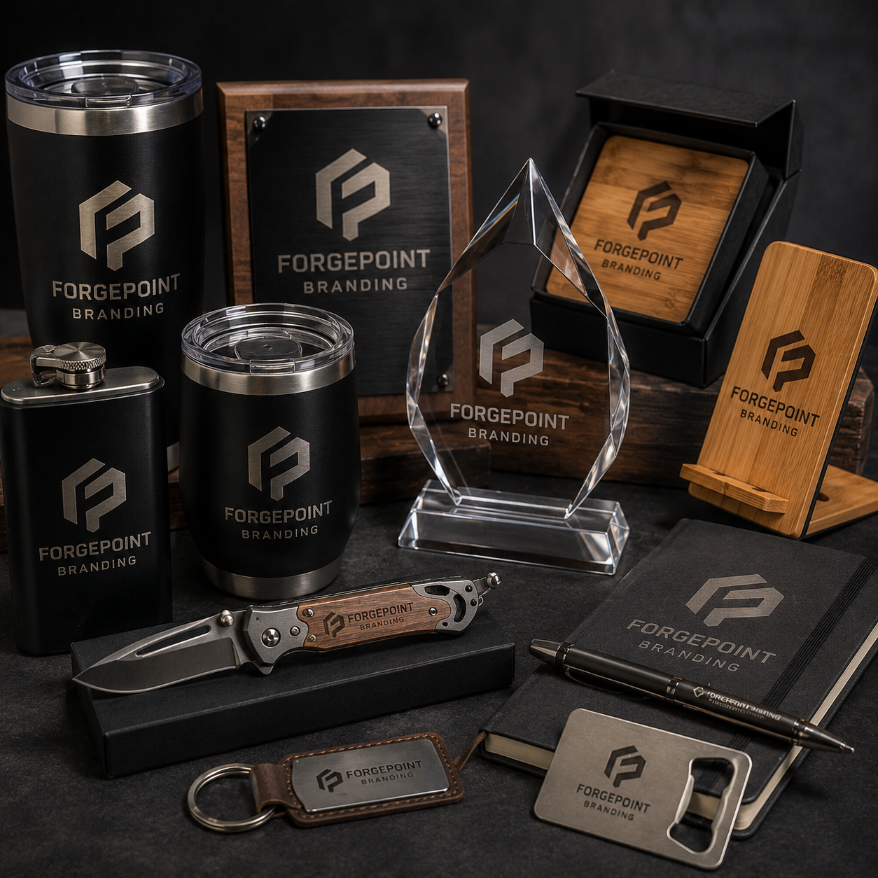 Collection of Forgepoint Branding products including tumblers, a knife, and other items on a dark surface.