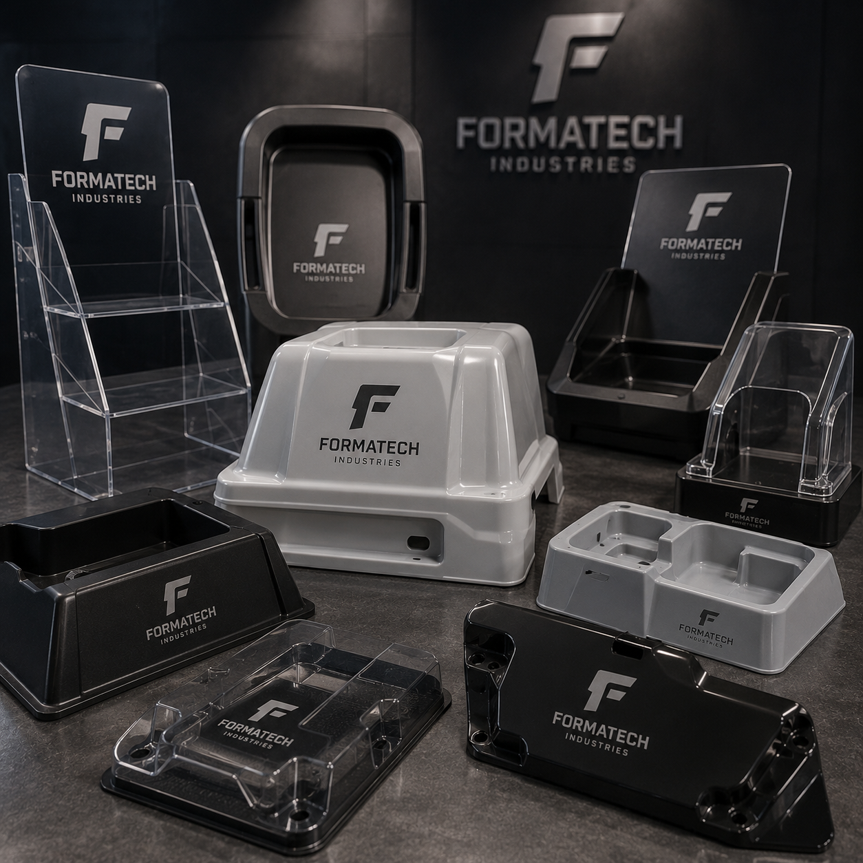 Collection of Formatech Industries product packaging on a dark surface with branded stands in the background.