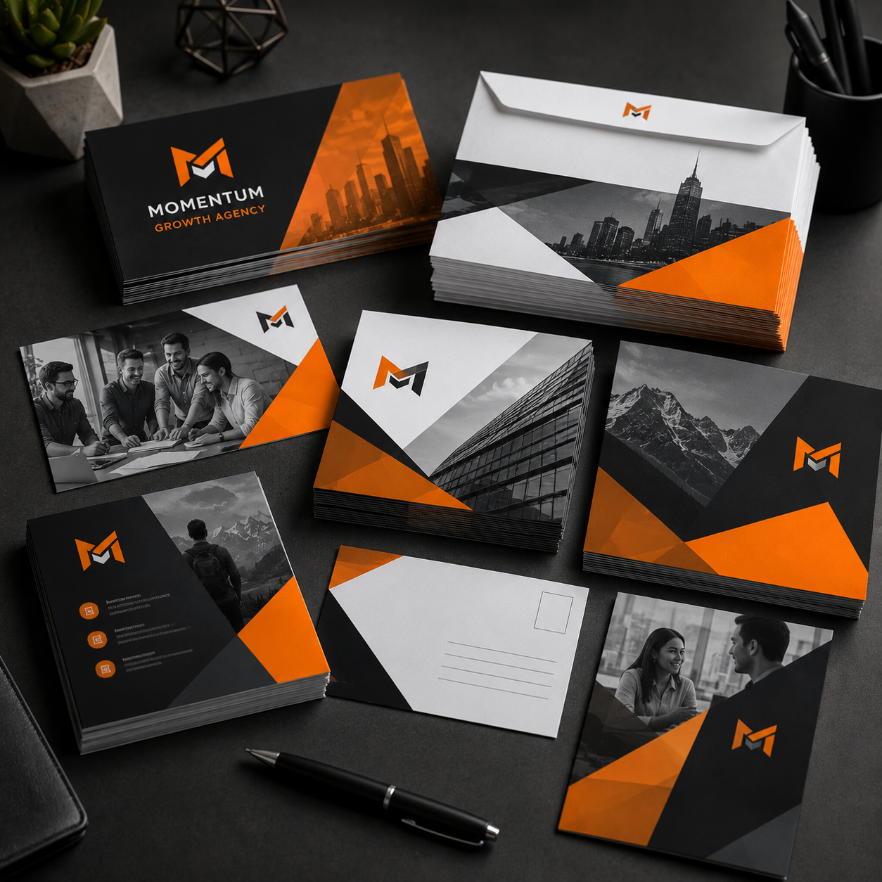Collection of Momentum Growth Agency branded stationery items on a dark surface.