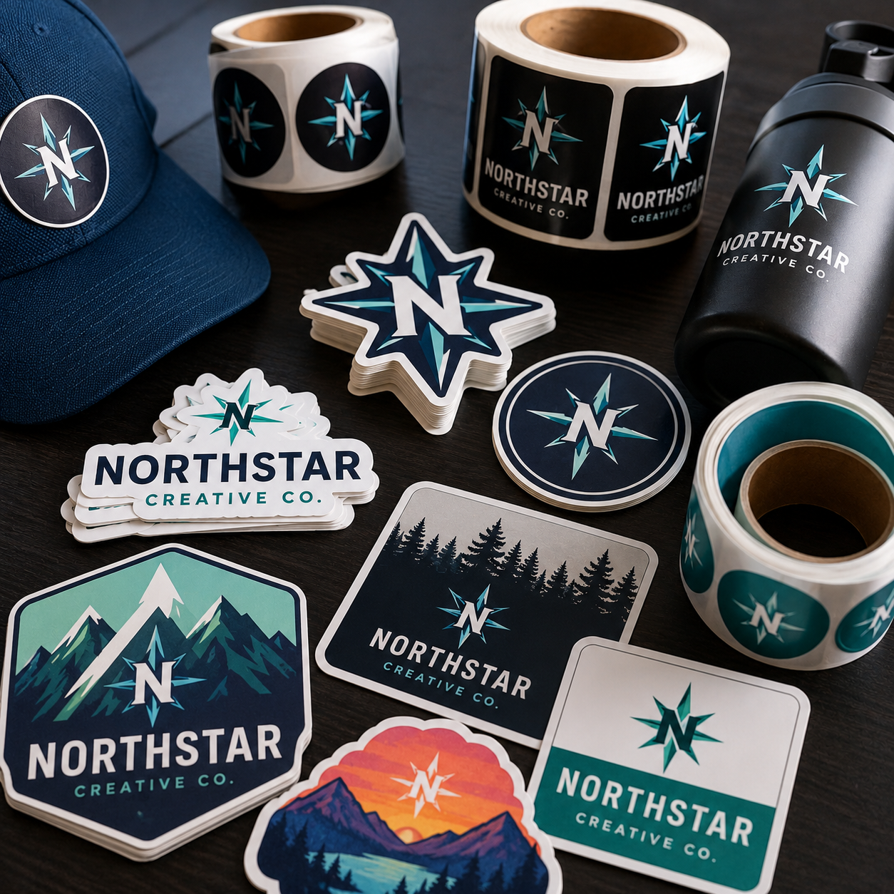 Collection of Northstar Creative Co. branded items including stickers, a hat, and a mug on a dark surface.