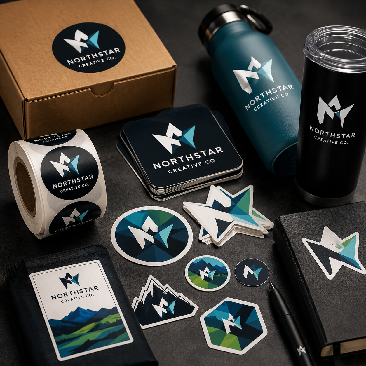 Collection of Northstar Creative Co. branded items including stickers, coasters, and a water bottle on a dark surface.