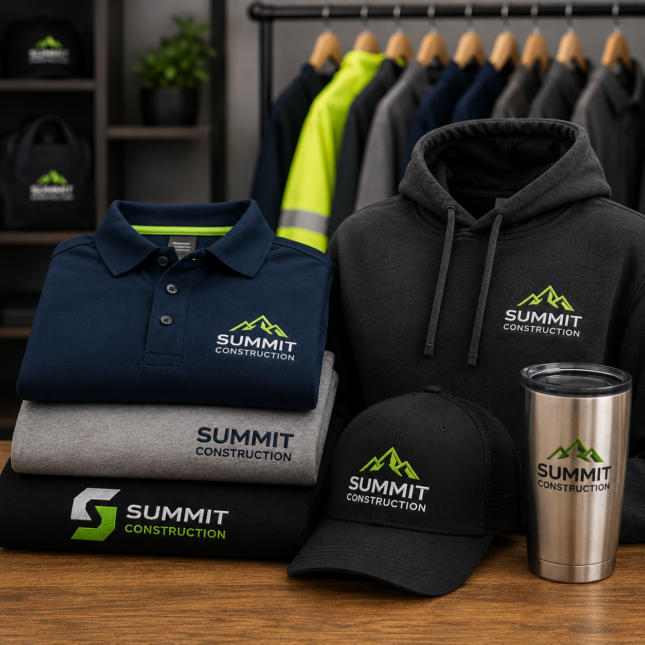 Collection of Summit Construction branded clothing and accessories on a wooden surface.