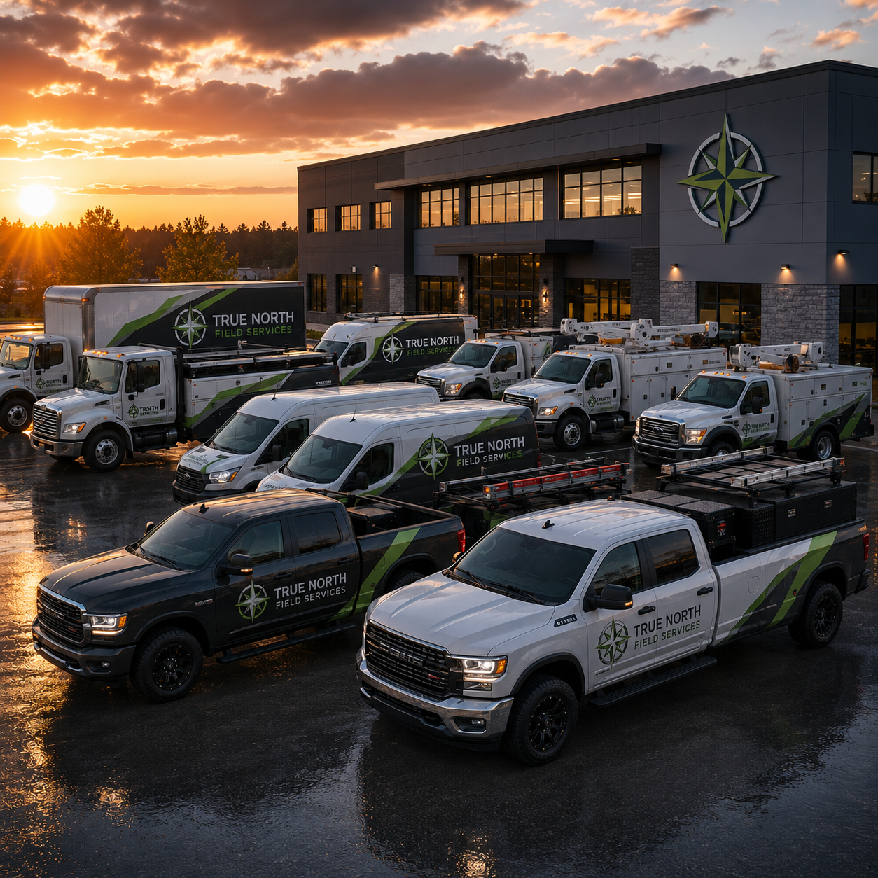 Collection of True North trucks and vehicles parked in front of a building with sunset lighting.