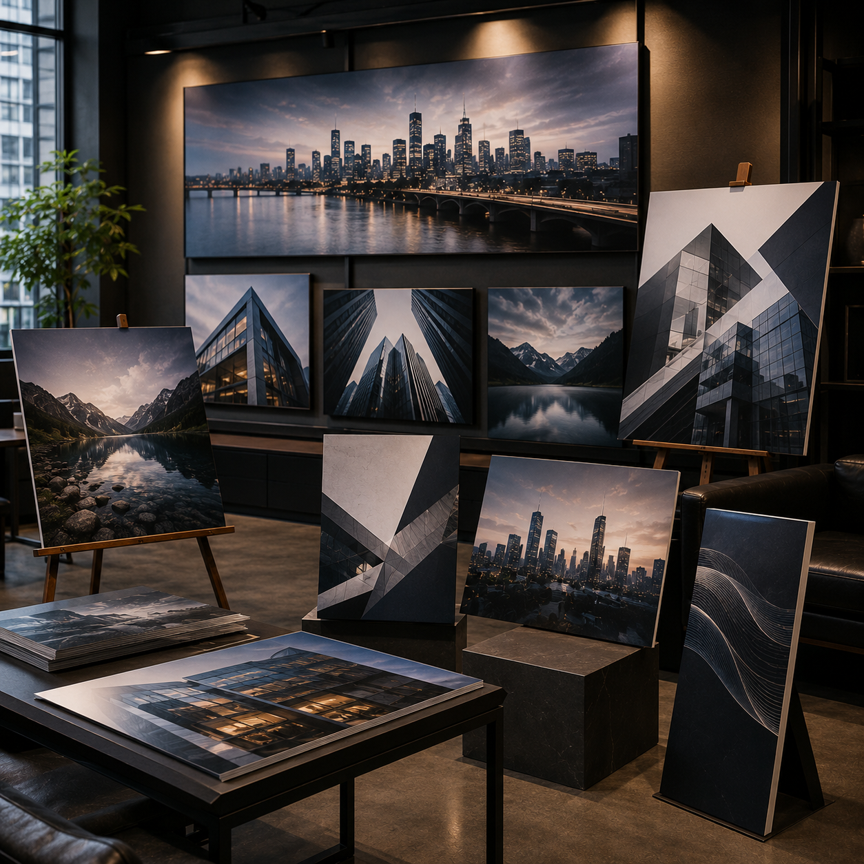 Collection of architectural and landscape photographs displayed in a room with cityscape view.