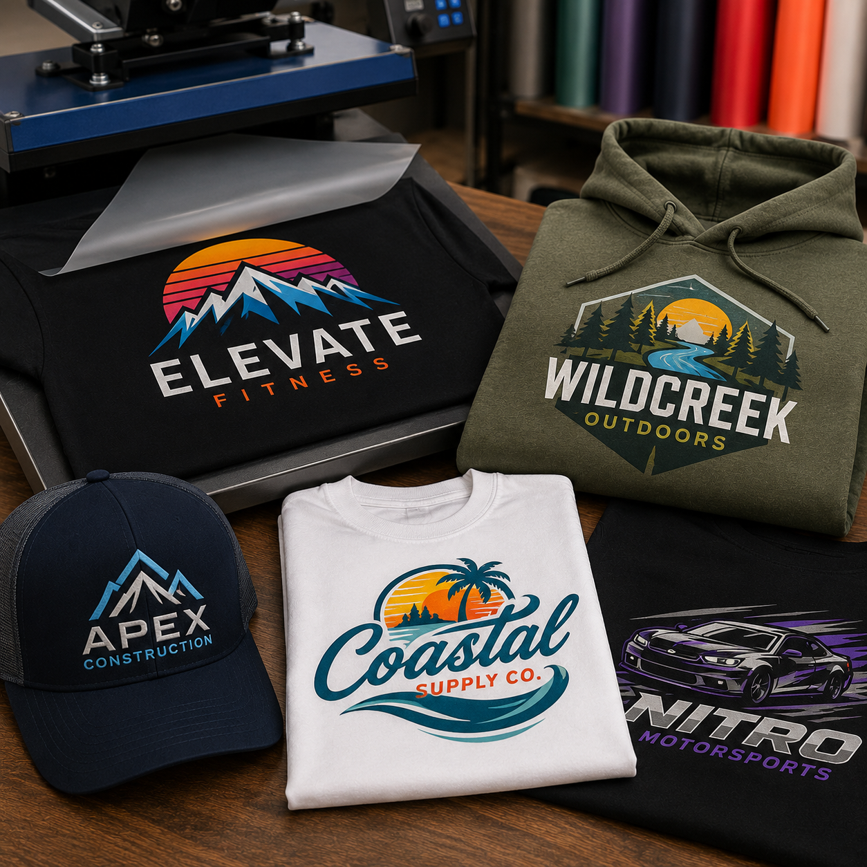Collection of branded apparel including t-shirts, hoodie, and cap with various logos on a table.