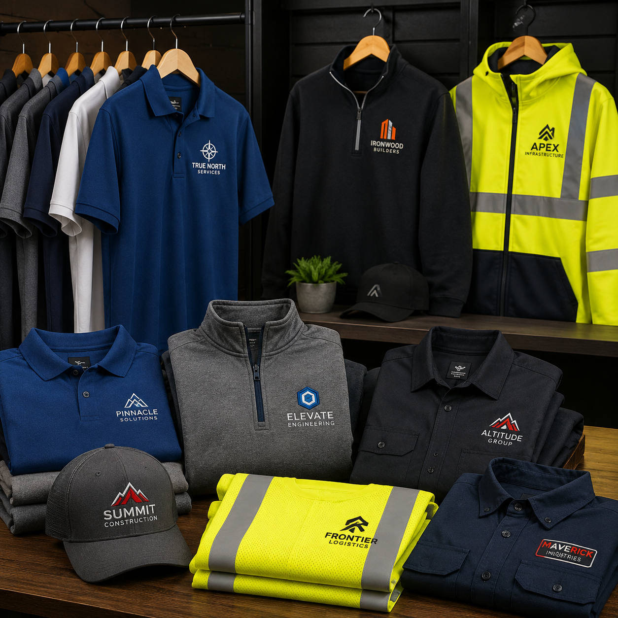 Collection of branded clothing and accessories on a wooden surface with a dark background.