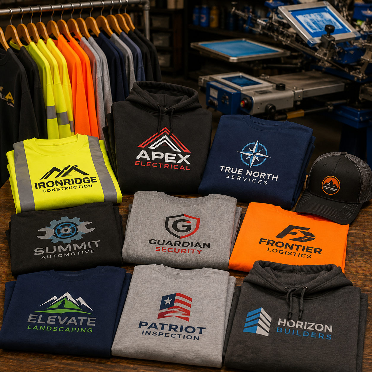 Collection of branded hoodies and shirts with various company logos on a wooden table.