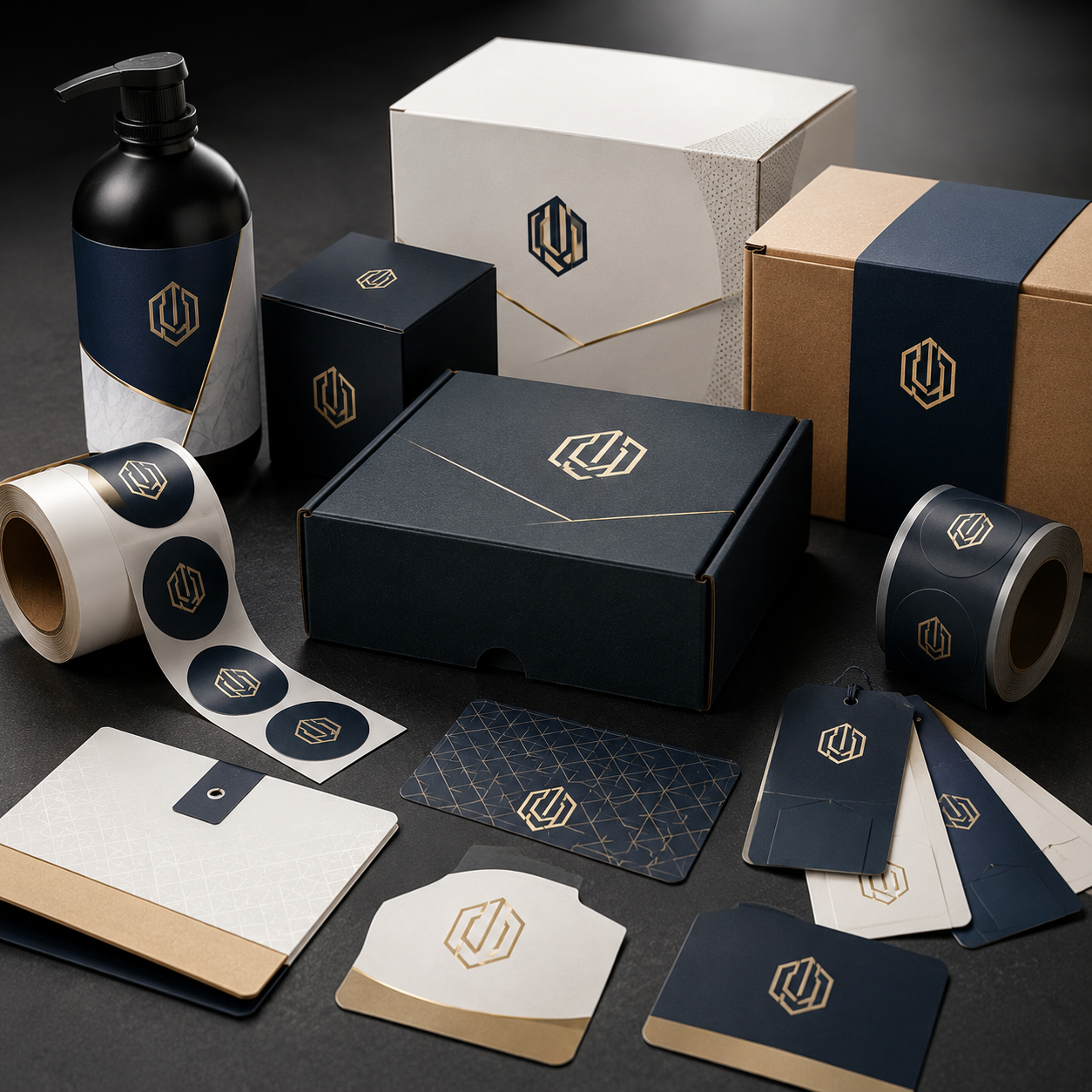 Collection of branded packaging items including boxes, bottles, and cards on a dark surface.