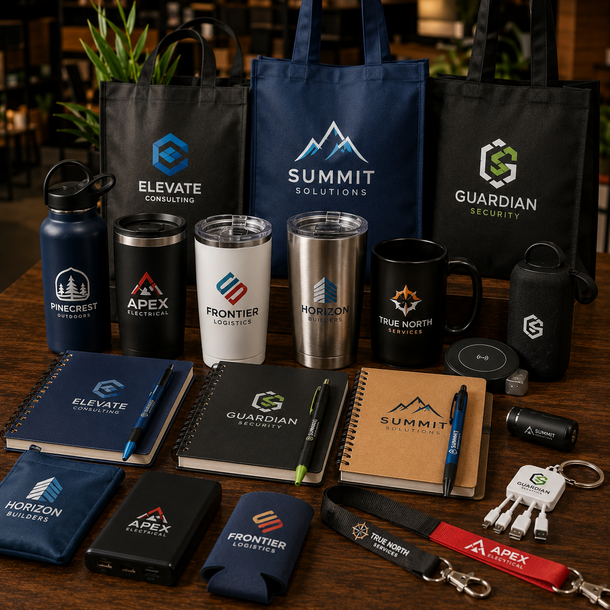 Collection of branded promotional items including tumblers, mugs, notebooks, and keychains on a wooden surface.