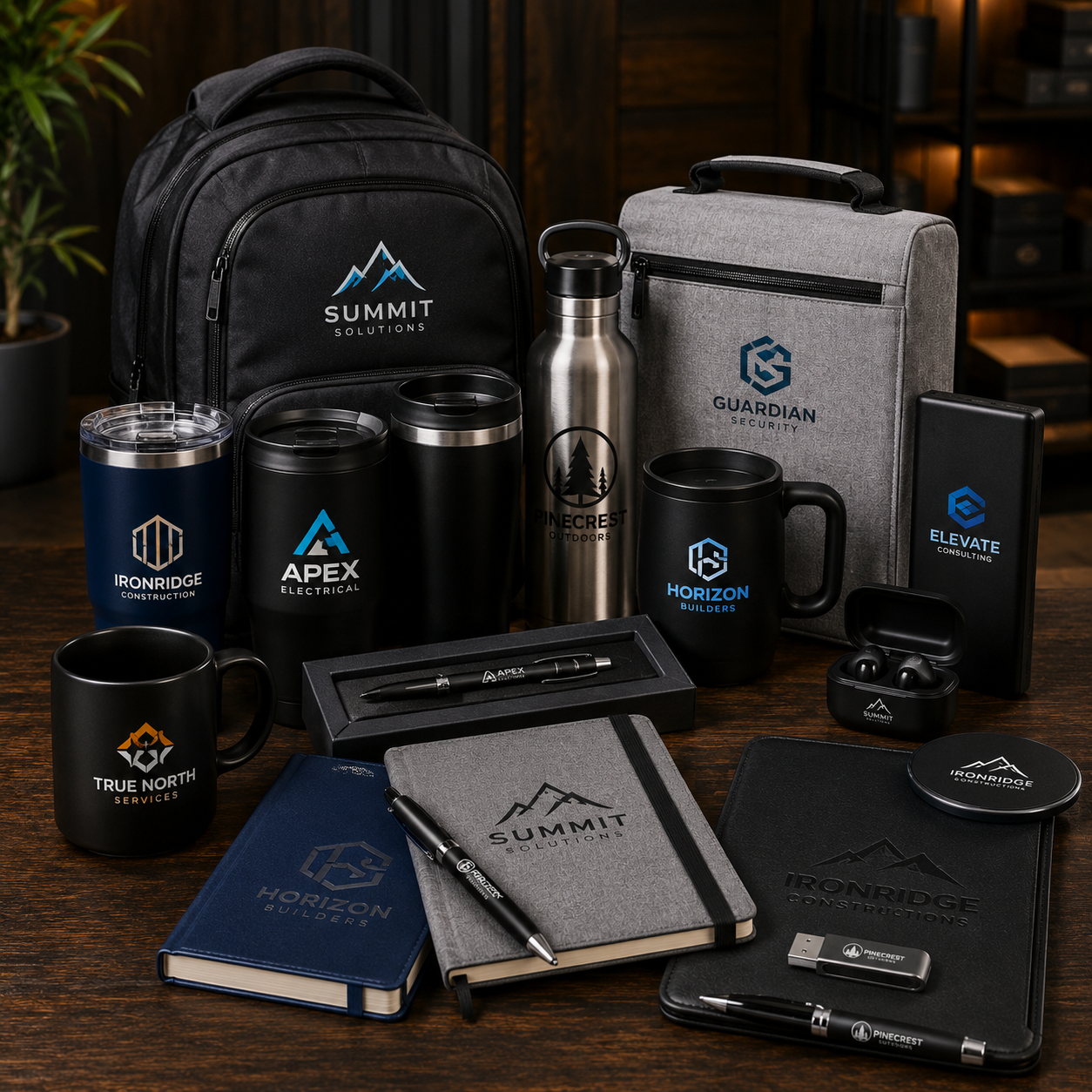 Collection of branded promotional items including tumblers, mugs, notebooks, and keychains on a wooden surface.