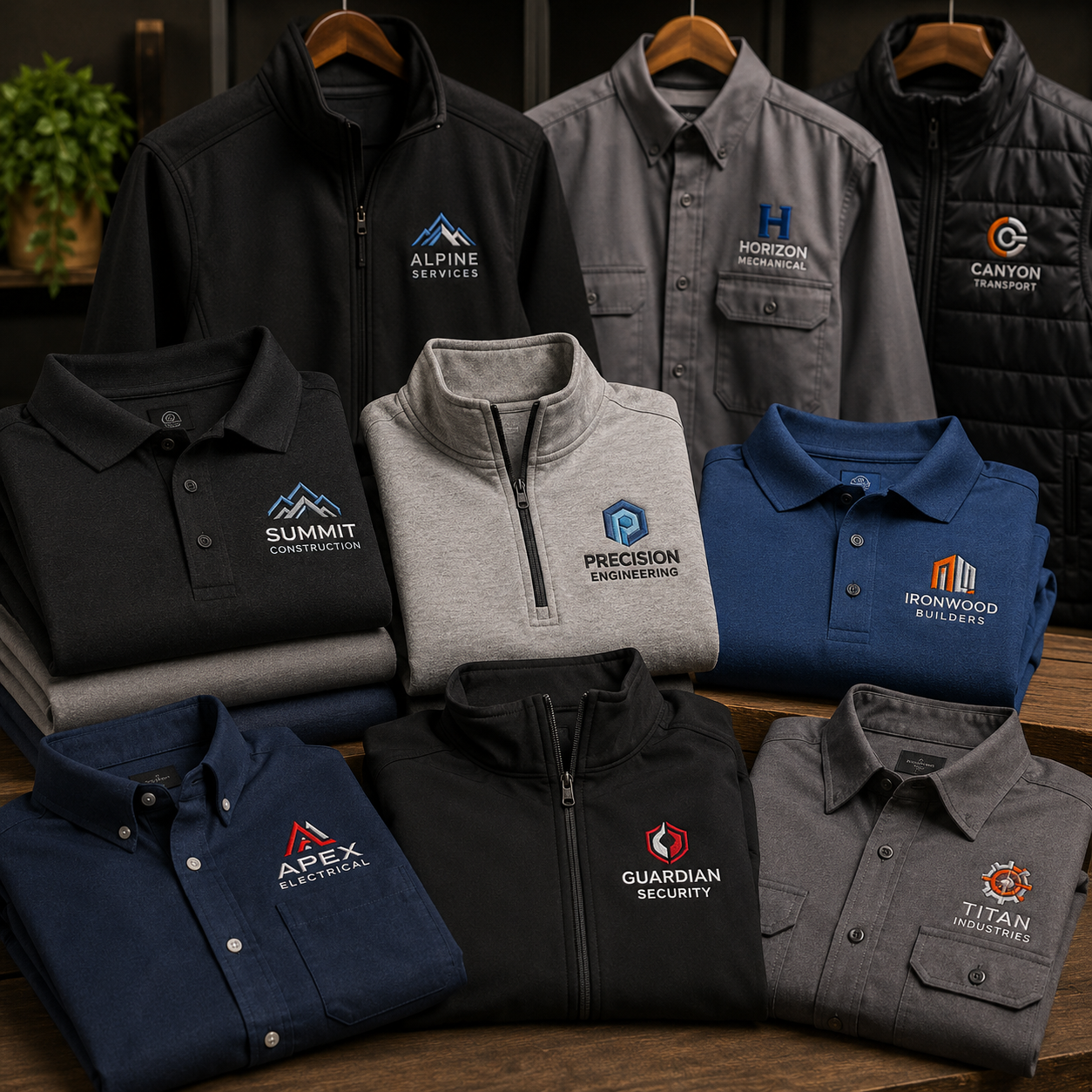 Collection of branded shirts and jackets on a wooden surface with various company logos.