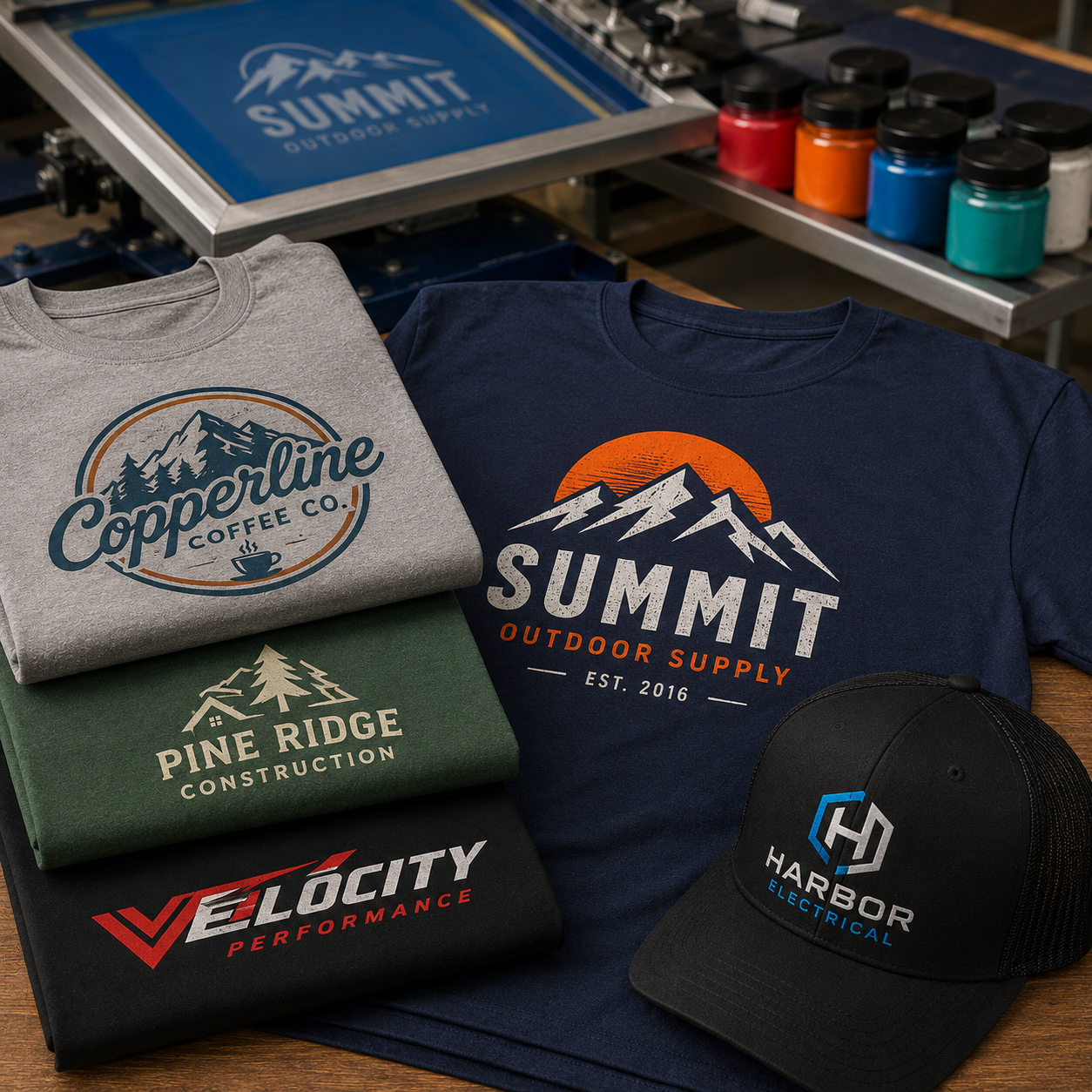 Collection of branded t-shirts and a cap on a table with a 'Summit Outdoor Supply' sign in the background.