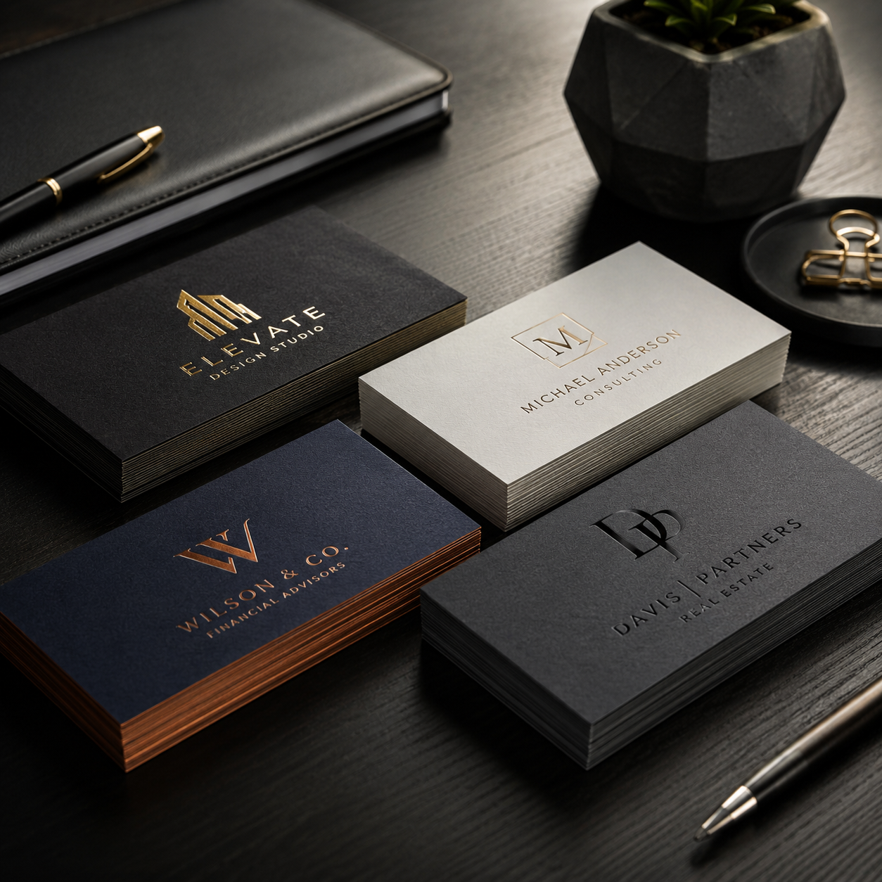 Collection of business cards with different designs and branding on a dark surface.