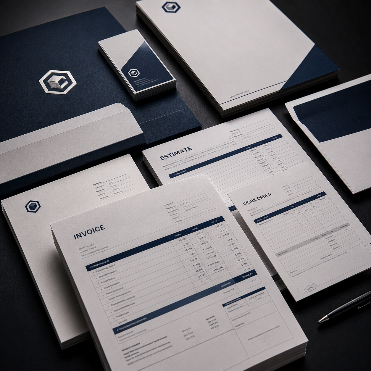 Collection of business stationery items including envelopes, letterheads, and forms on a dark surface.