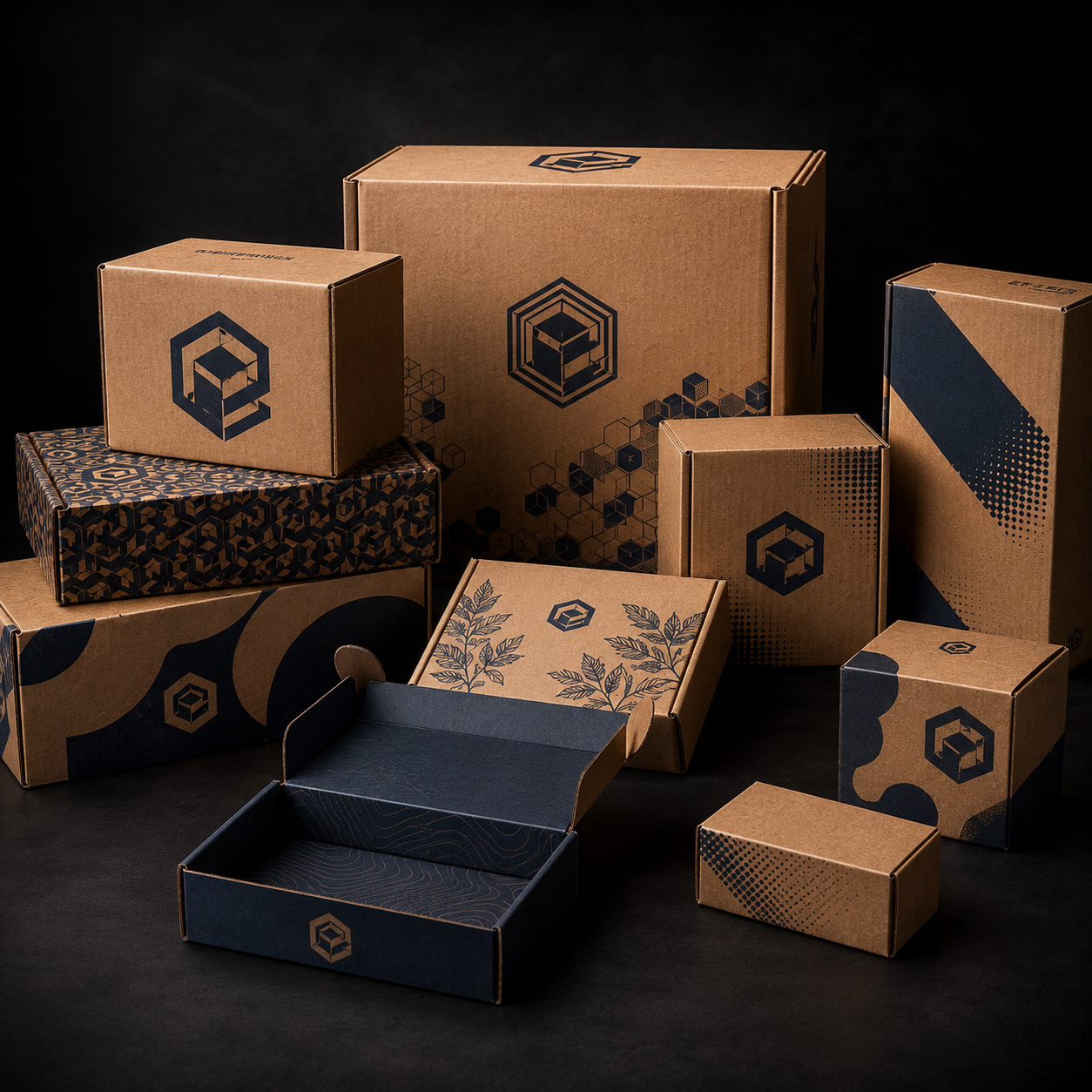 Collection of cardboard boxes with a branded logo on a dark background