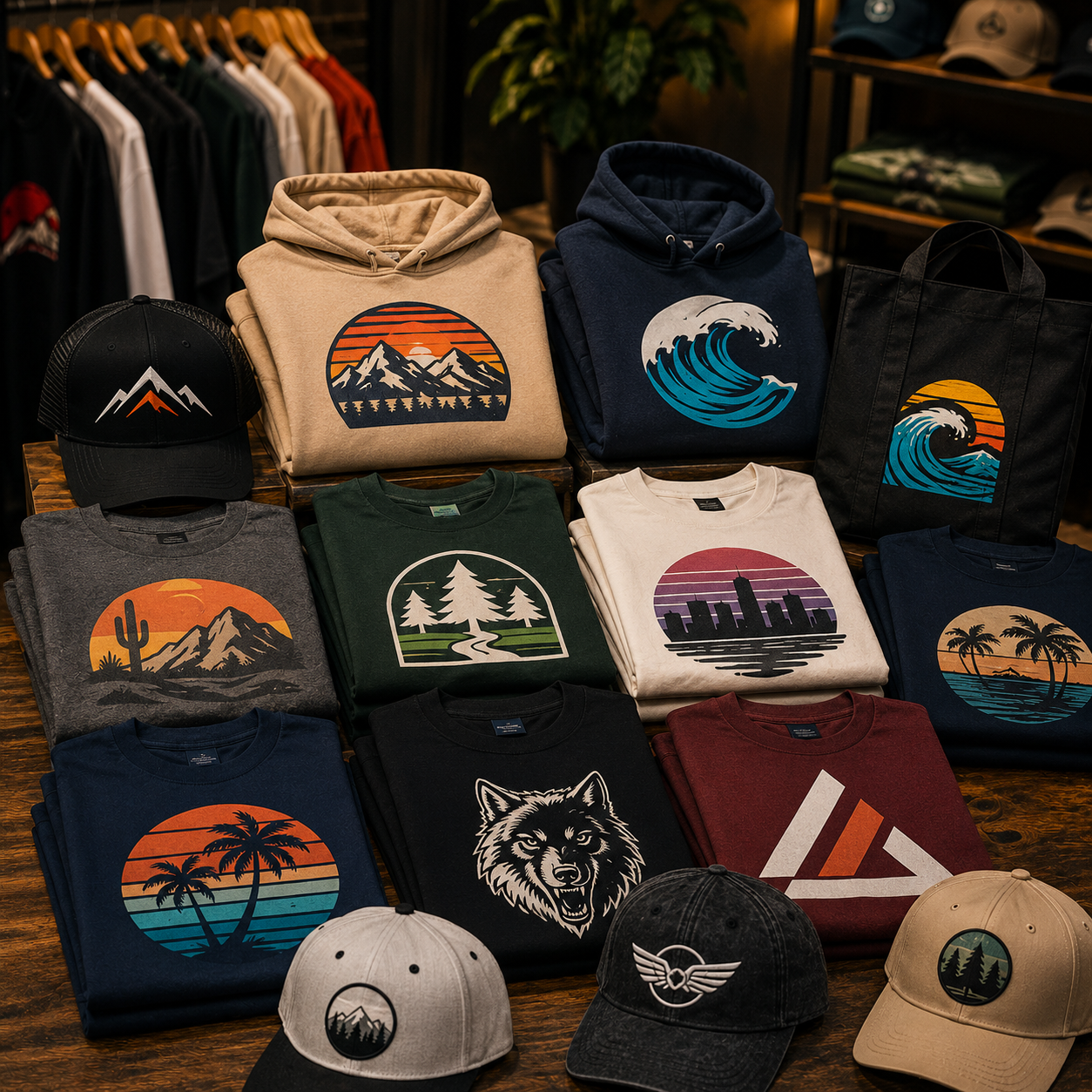 Collection of clothing items including hoodies, t-shirts, and caps with various designs on a wooden surface.