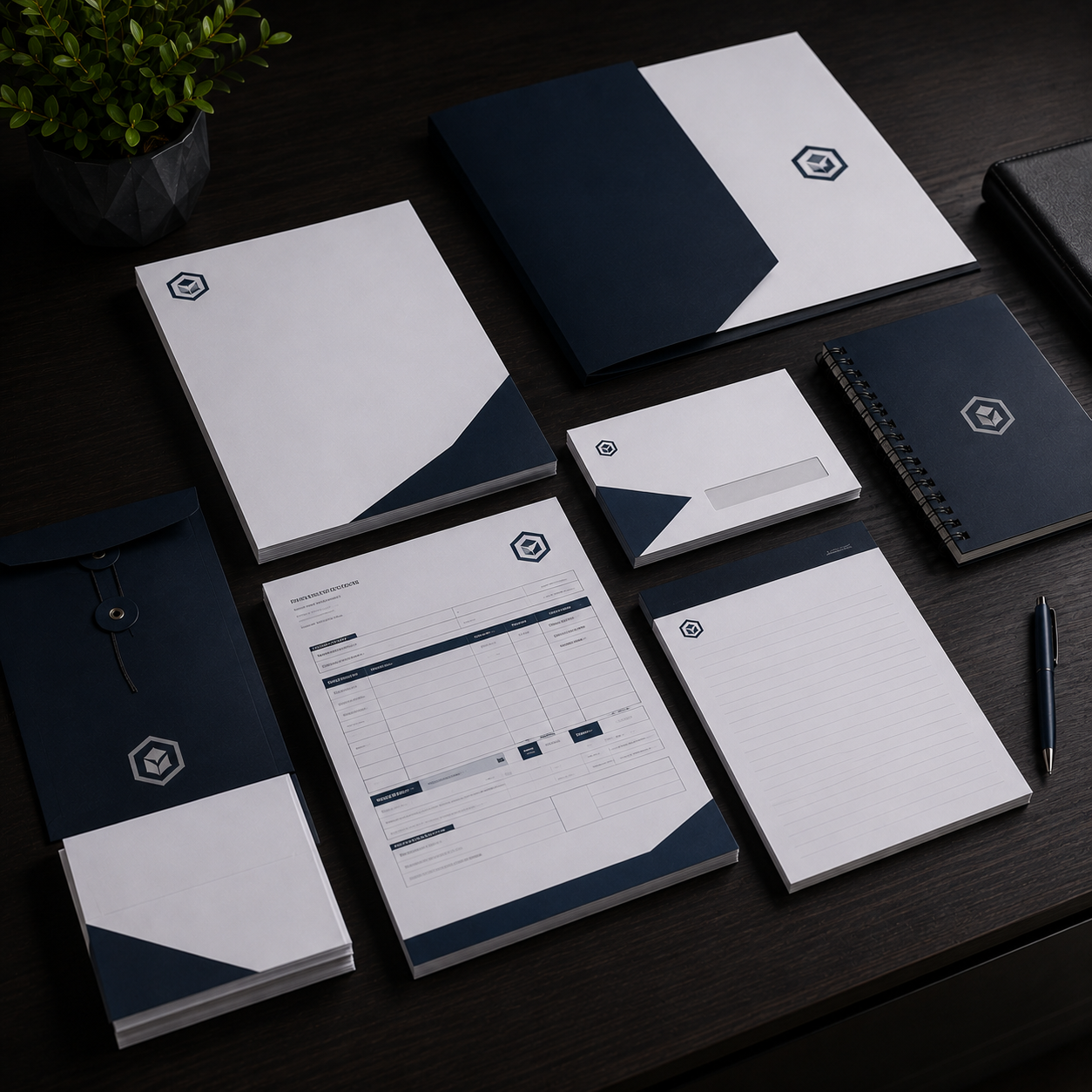 Collection of dark blue and white stationery items on a wooden surface.