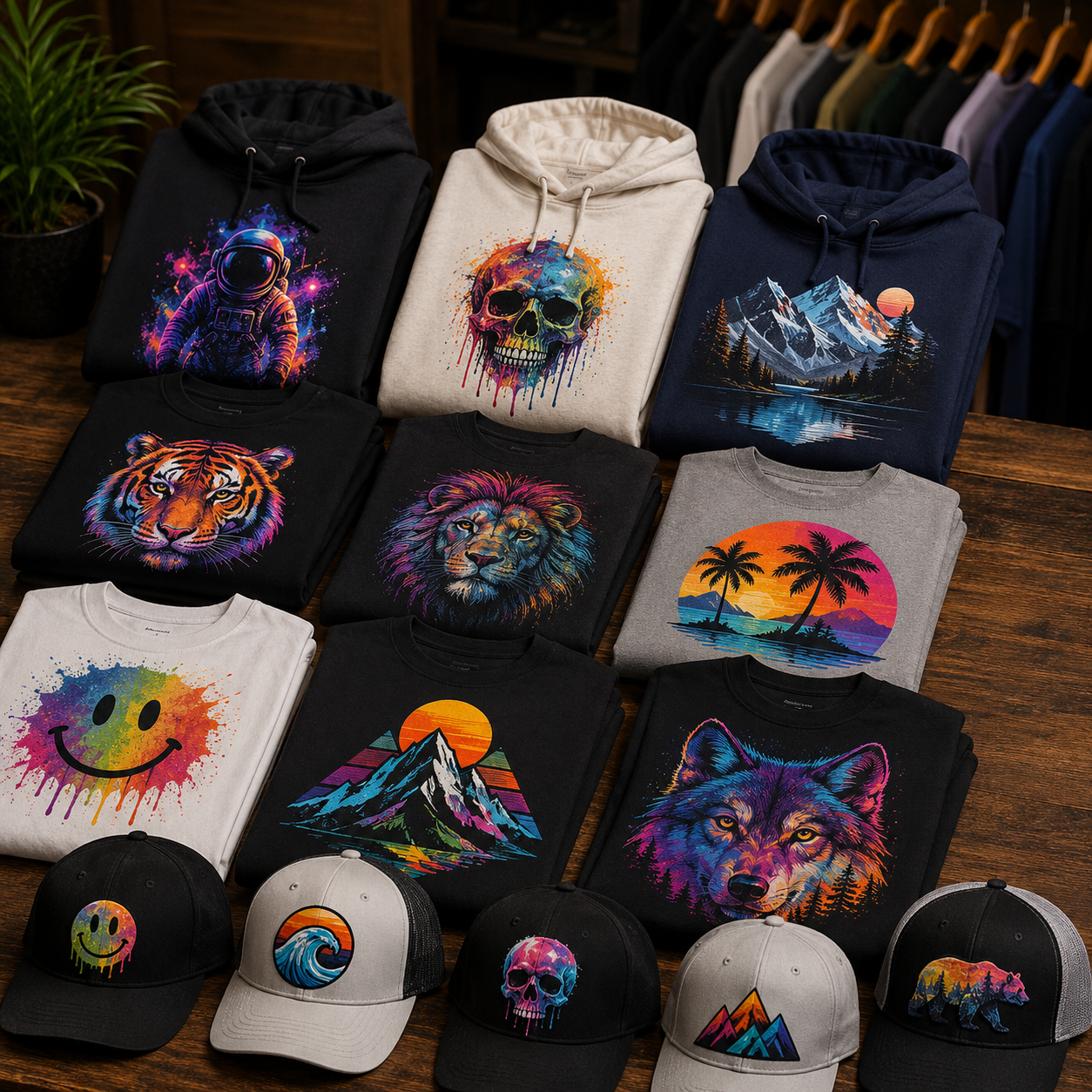 Collection of hoodies and caps with various colorful designs on a wooden surface.