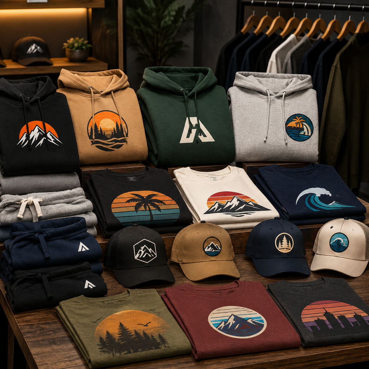 Collection of hoodies, t-shirts, and caps with various designs on a wooden surface.