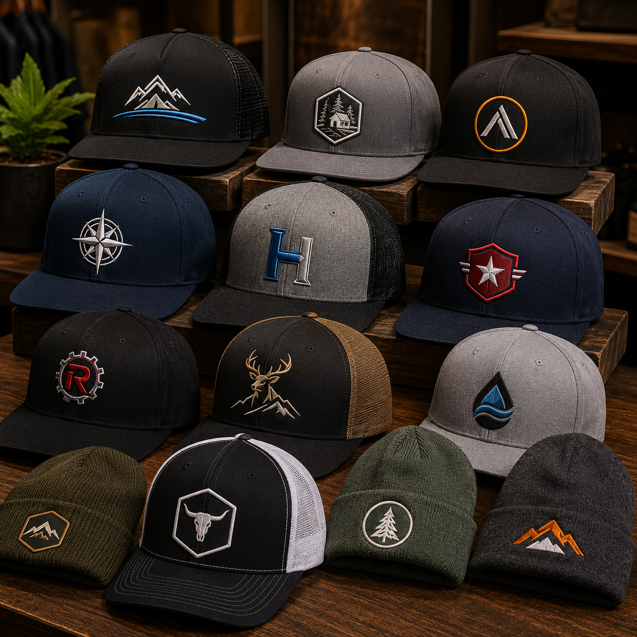 Collection of various hats with different designs on a wooden surface