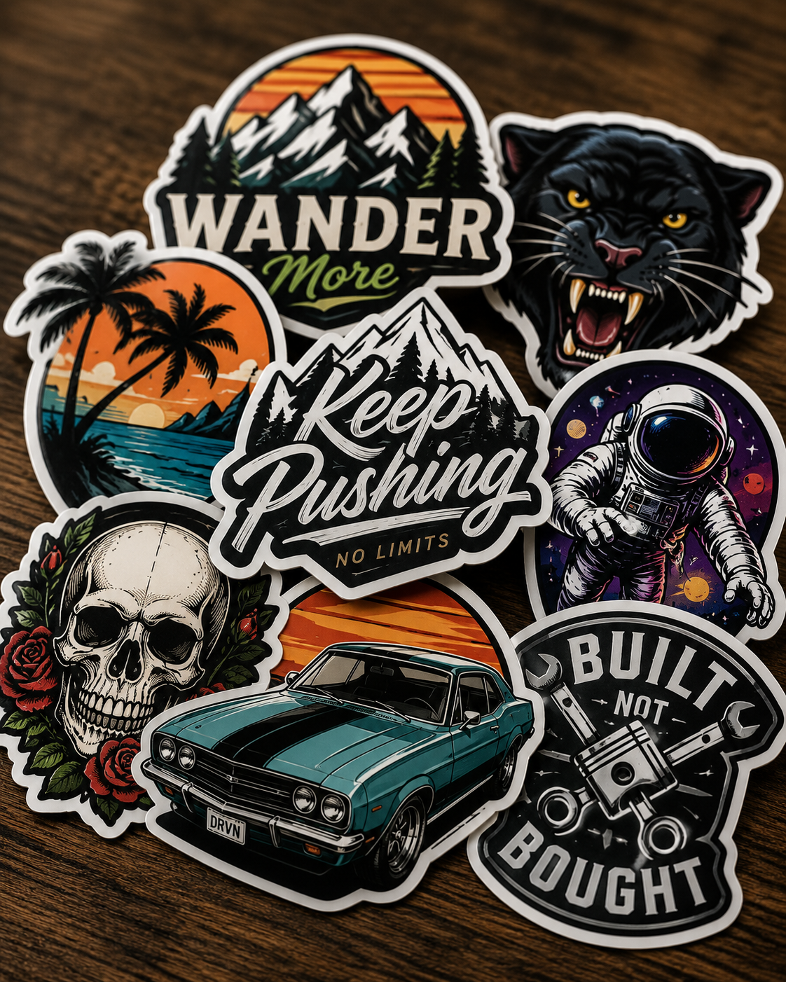 Collection of various stickers on a wooden surface