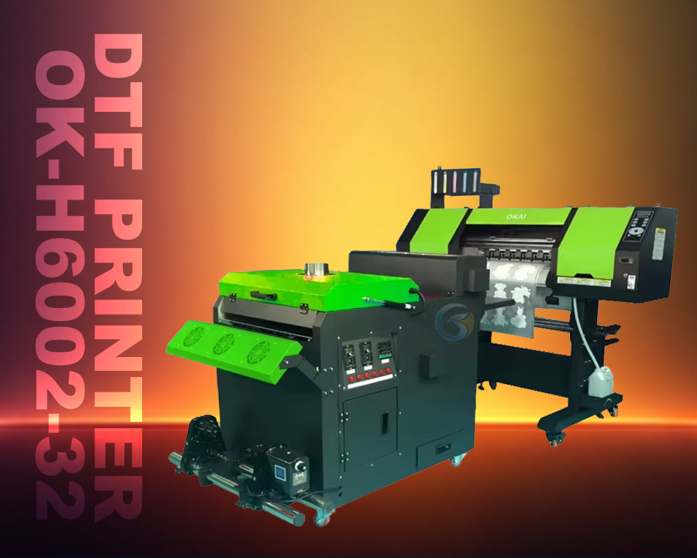 Green and black DTF printer on a gradient orange and red background with text.