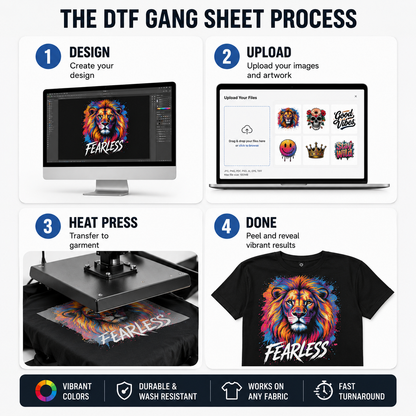 Step-by-step process for DTF gang sheet printing with design creation, upload, heat press, and final product display.