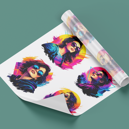 Colorful graphic design printed on DTF film of a woman with sunglasses on a green background