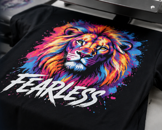Black t-shirt with a colorful lion dtf printed graphic and 'FEARLESS' text.
