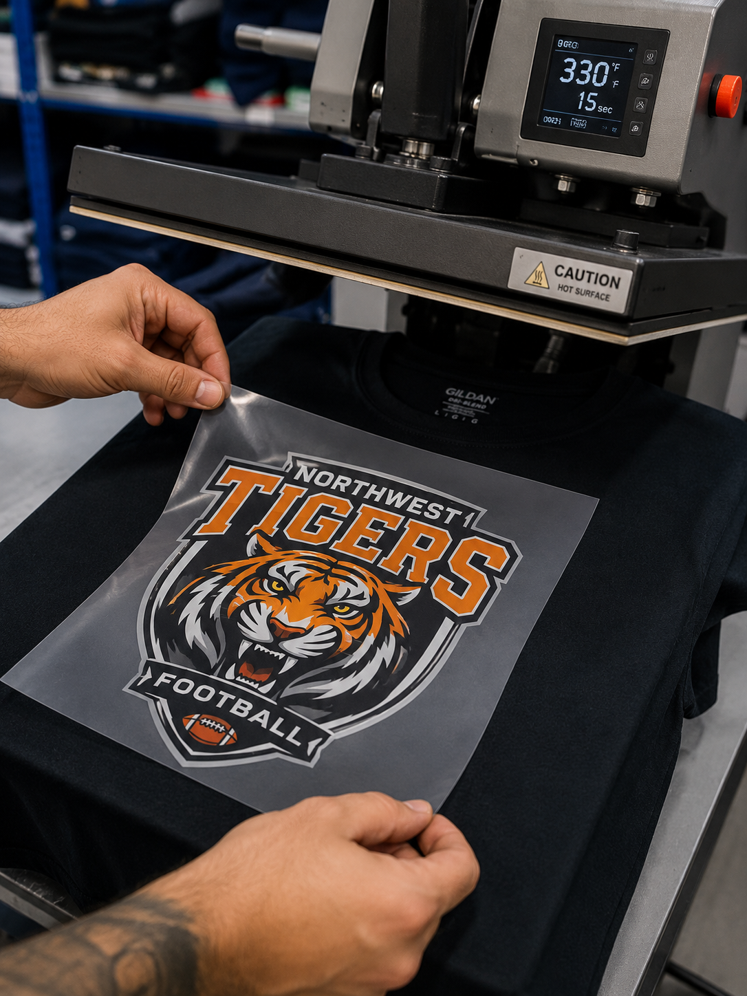 Person placing a DTF printed design on a black t-shirt using a heat press machine.
