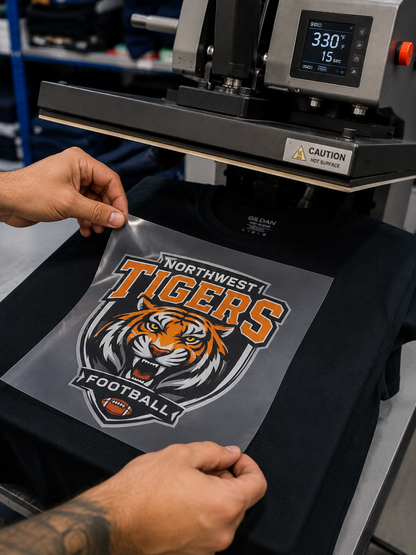 Person placing a DTF printed design on a black t-shirt using a heat press machine.