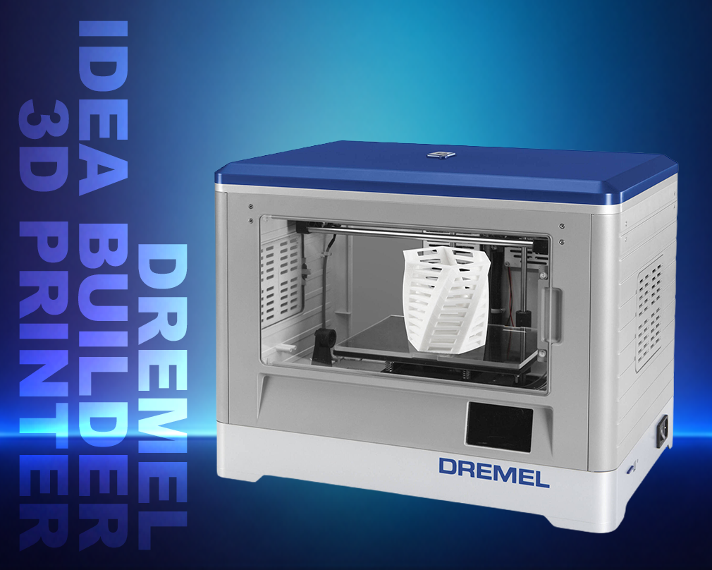 Dremel 3D printer with a blue background and text.