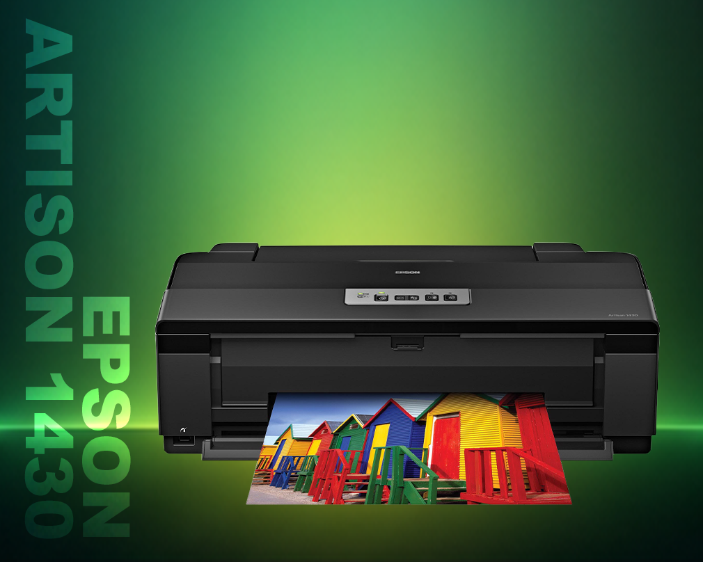 Epson Artisan 1430 printer with a colorful print on a green gradient background