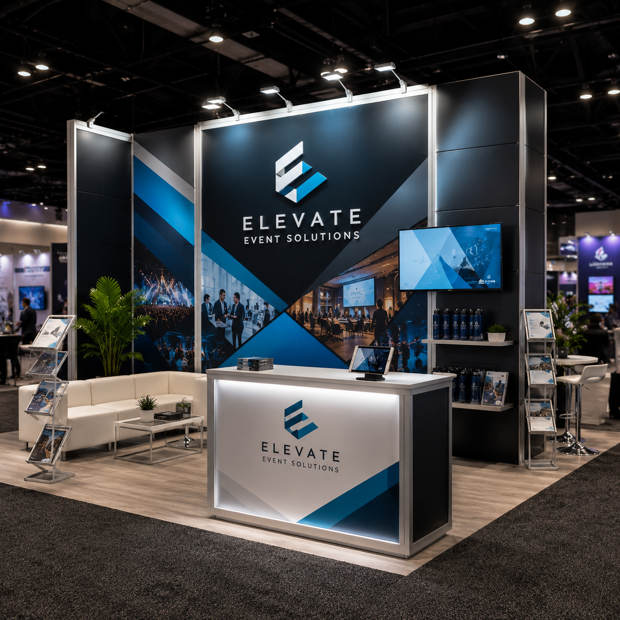 Elevate Event Solutions booth at a trade show with branding and setup.
